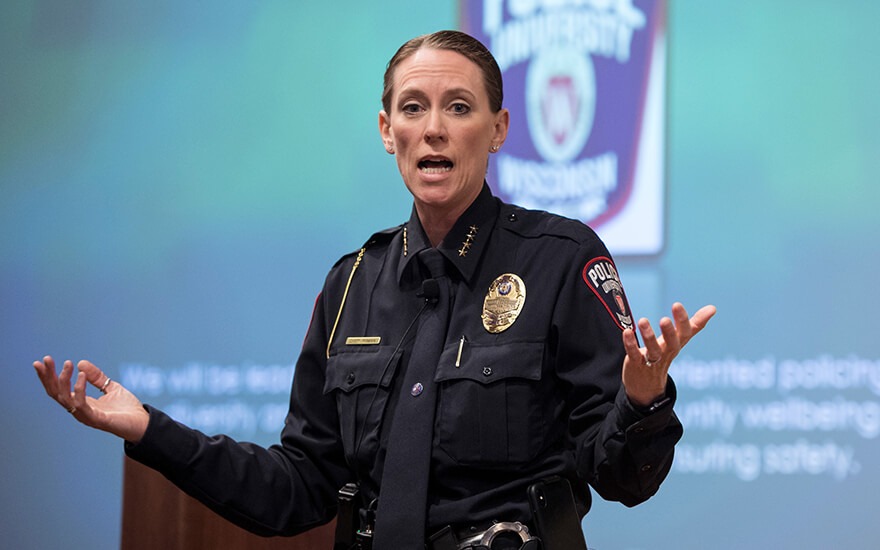Kristen Roman, chief of police for the UW–Madison Police Department, presenting the topic of authentic leadership at a TEMPO Leadership Series presentation.