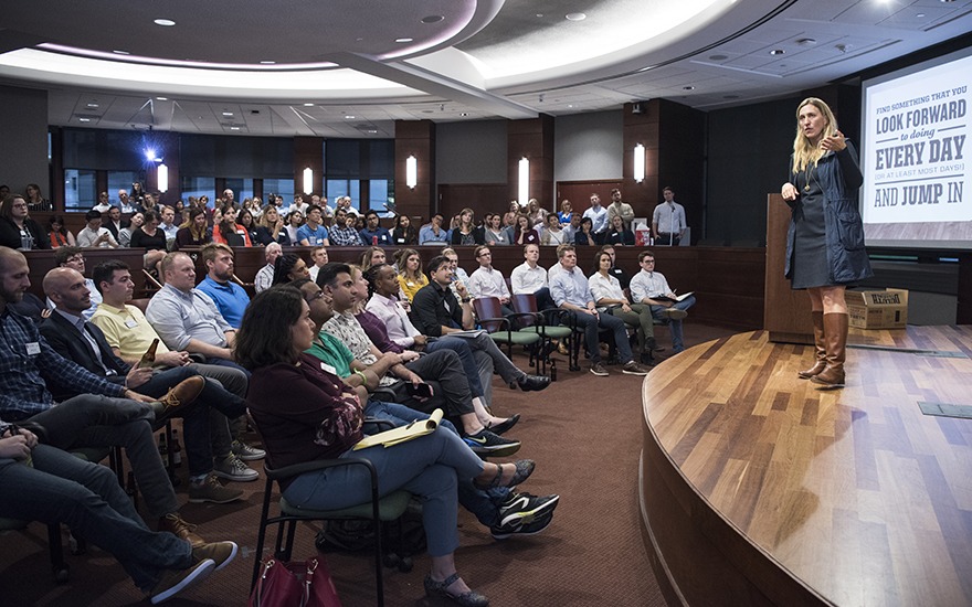 Speaker Stephanie Pugliese shares her life and work experience on stage in WSB's plenary room