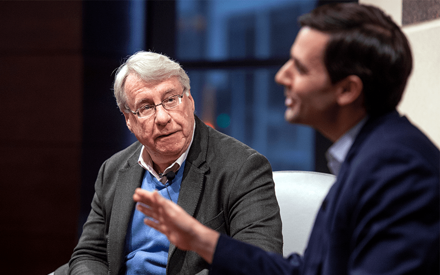 Investor Jim Chanos speaks to students and alumni with WSB's Brad Chandler