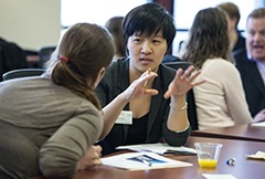 Sarah Freye (BBA ’09) (left), quality assurance team lead manager at Epic, listens as she and Nicole Chi (MBA ’16) participate in the Accelerating Leadership Development Through Coaching seminar at the HR Summit this spring at the Wisconsin School of Business.