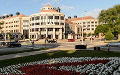 Grainger Hall in the summer, surrounded by flowers and sunshine