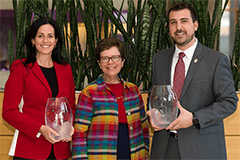 Chancellor Rebecca Blank with the winners of UW–Madison’s annual Entrepreneurial Achievement Awards — Michele Boal and Troy Vosseller.