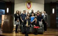 WSB students pose for a photo with Aaron Williams and Blair Sanford