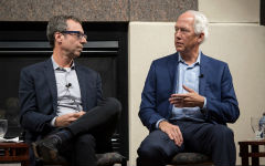 Alumni Paul Leff, left, and Stephen Petersen, discuss their business careers