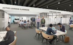 Students work at tables near the active learning classrooms in this architectural design