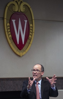 U.S. Secretary of Labor Tom Perez speaks at the University of Wisconsin