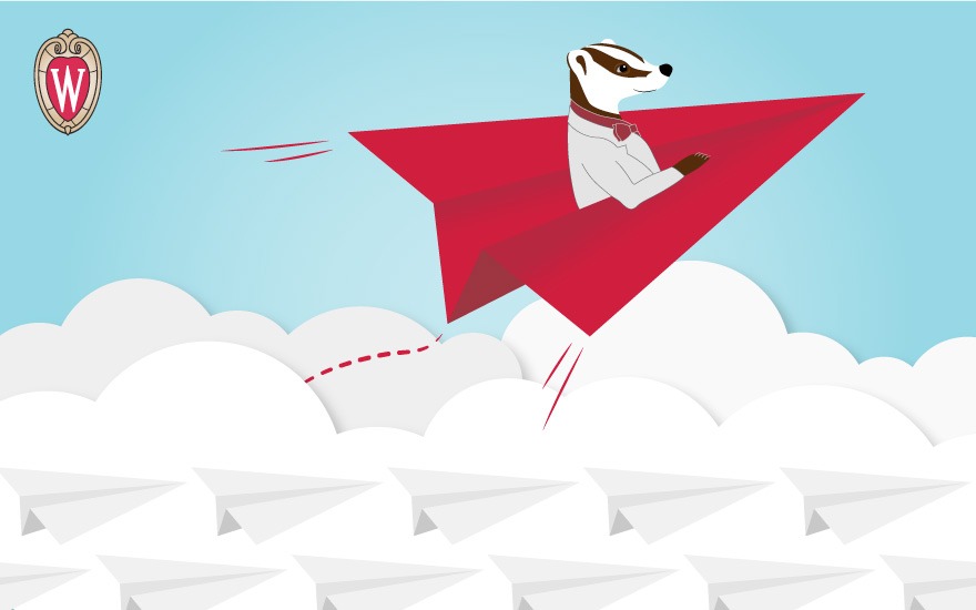 A badger in a suit riding a red paper airplane above clouds.