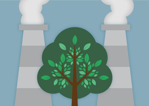 Smokestacks behind a tree