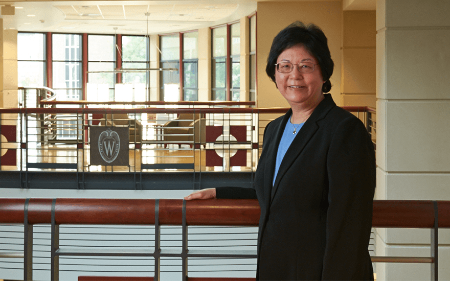 Ella Mae Matsumura poses for a portrait in Grainger Hall. 