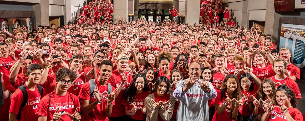 Dean Vallabh “Samba” Sambamurthy with new Business Badgers in Grainger Hall