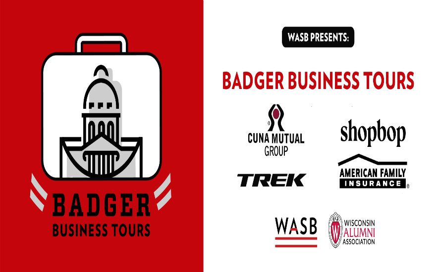 WASB banner for Badger Business Tours with the logos of CUNA Mutual Group, Trek Bicycles, Shopbop, and American Family Insurance