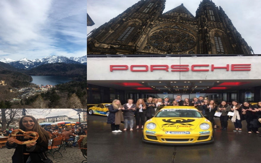 A collage of four images from the Global Supply Chain Management experience. Top left: scenic mountain view. Top right: historic architecture. Bottom left: student enjoying large soft pretzel. Bottom right: group of students outside Porsche production facility.