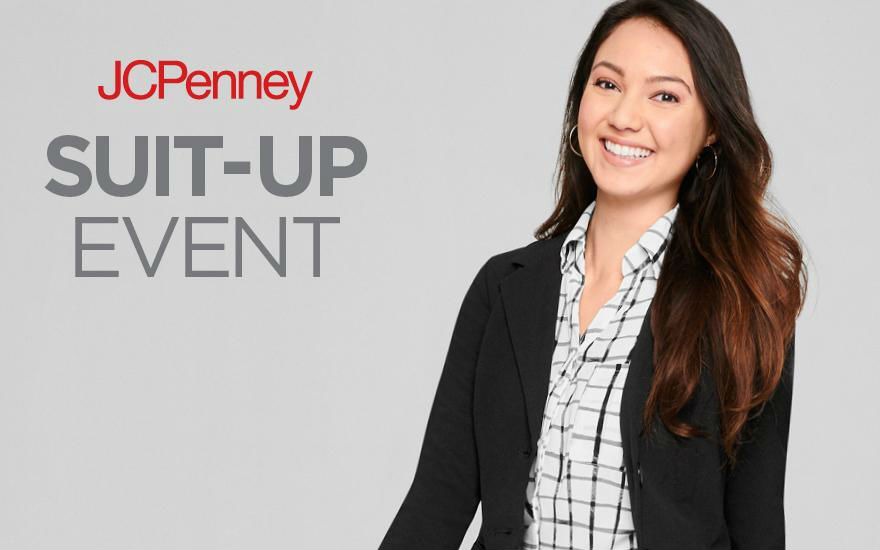 JCPenney Suit-Up Event image with person in professional attire smiling at camera