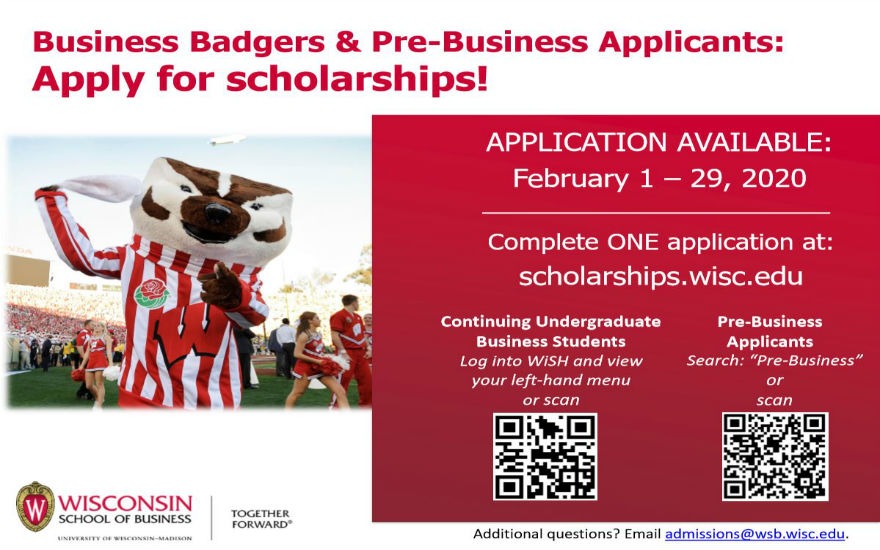 Image of Bucky with information describing how to apply for scholarships.