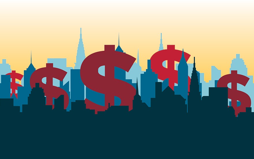 Illustration of a skyline with dollar signs