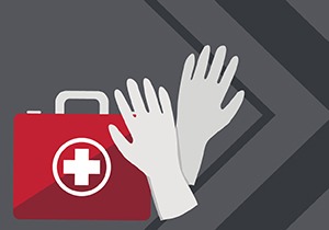Illustration of medical gloves and first aid kit
