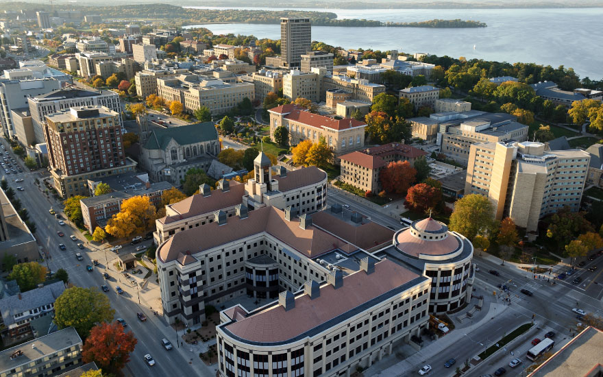 Aerial view of Grainger Hall and campus