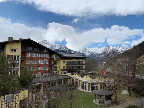hotel and snow capped mountain view