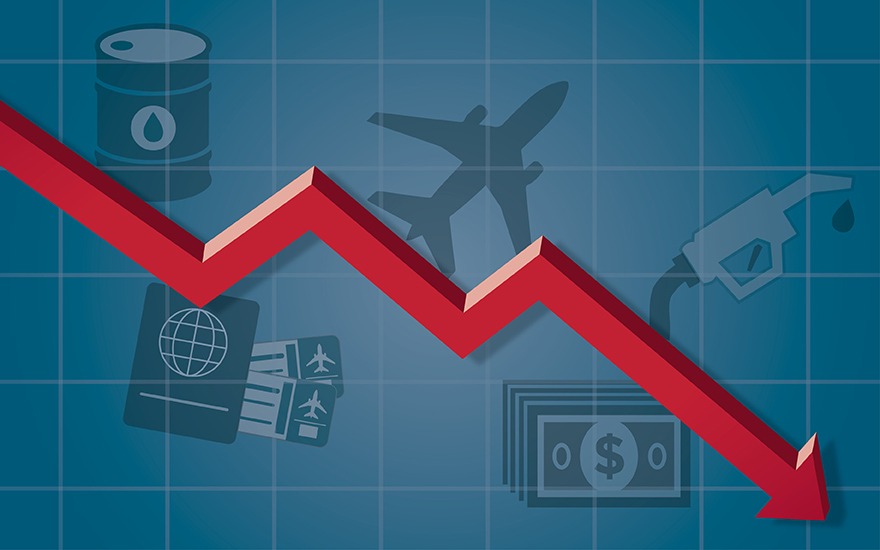 Red report line point down on a blue graph background with travel and money icons