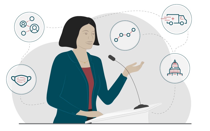 Illustration of a woman with networking, face mask, and building icons