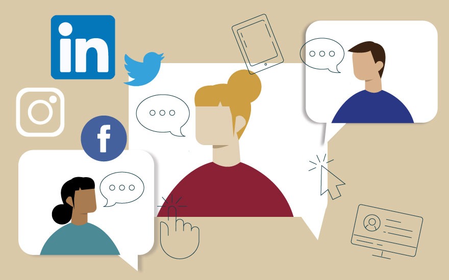 Illustration of three people in text comments with social media icons around them