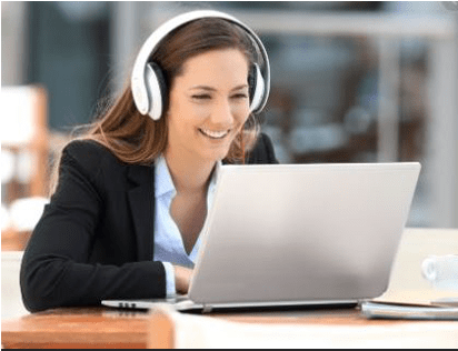 Girl on Headphones in a virtual meeting