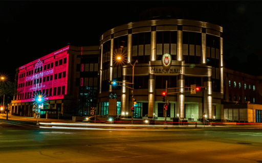 Grainger Hall in lights for graduation
