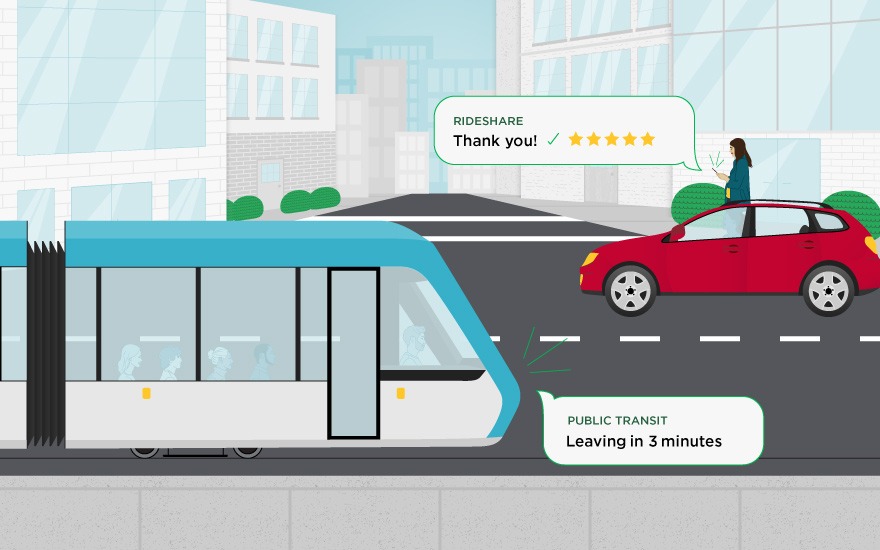 Illustration of a city road with car service (Uber) and a bus