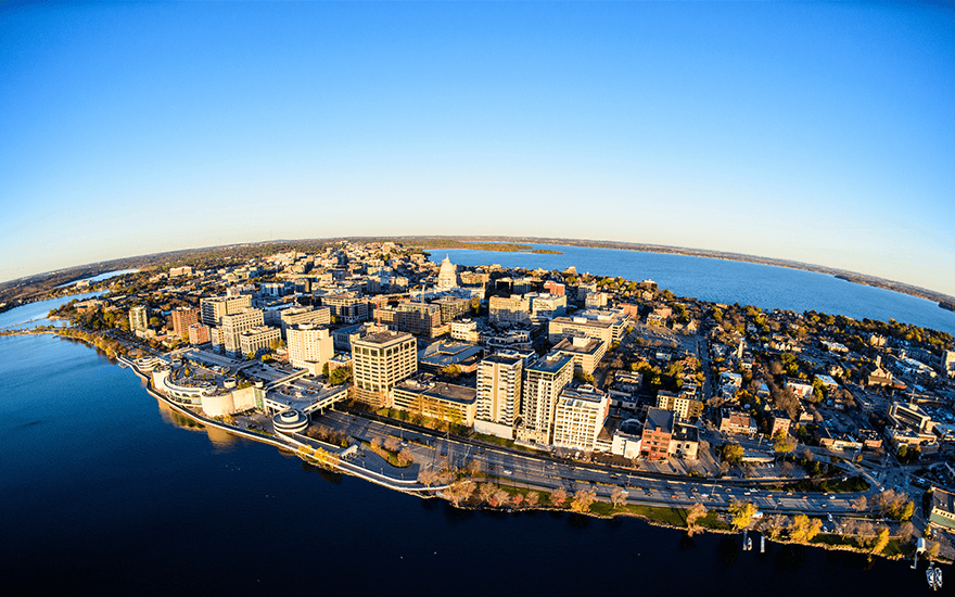 Aerial view of downtown Madison and campus