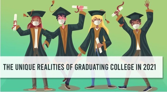 Illustration of four students in graduation gowns with the words "The unique realities of graduating college in 2021"
