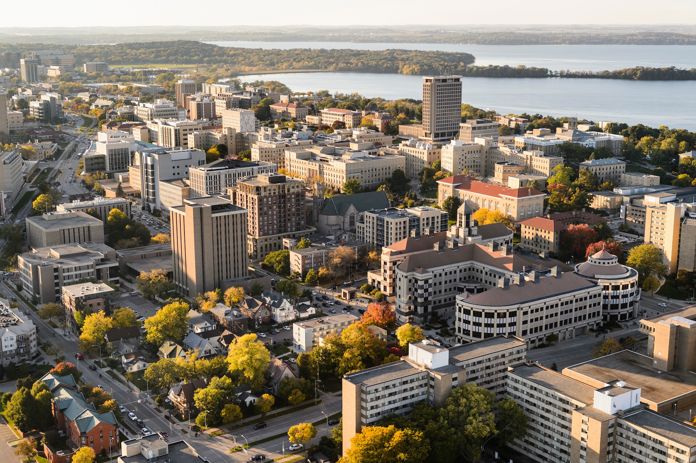 Aerial view of Grainger Hall on the UW-Madison Campus