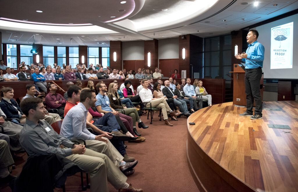 Jia Jiang speaking to people at Full-time MBA Weikel Speaker Series