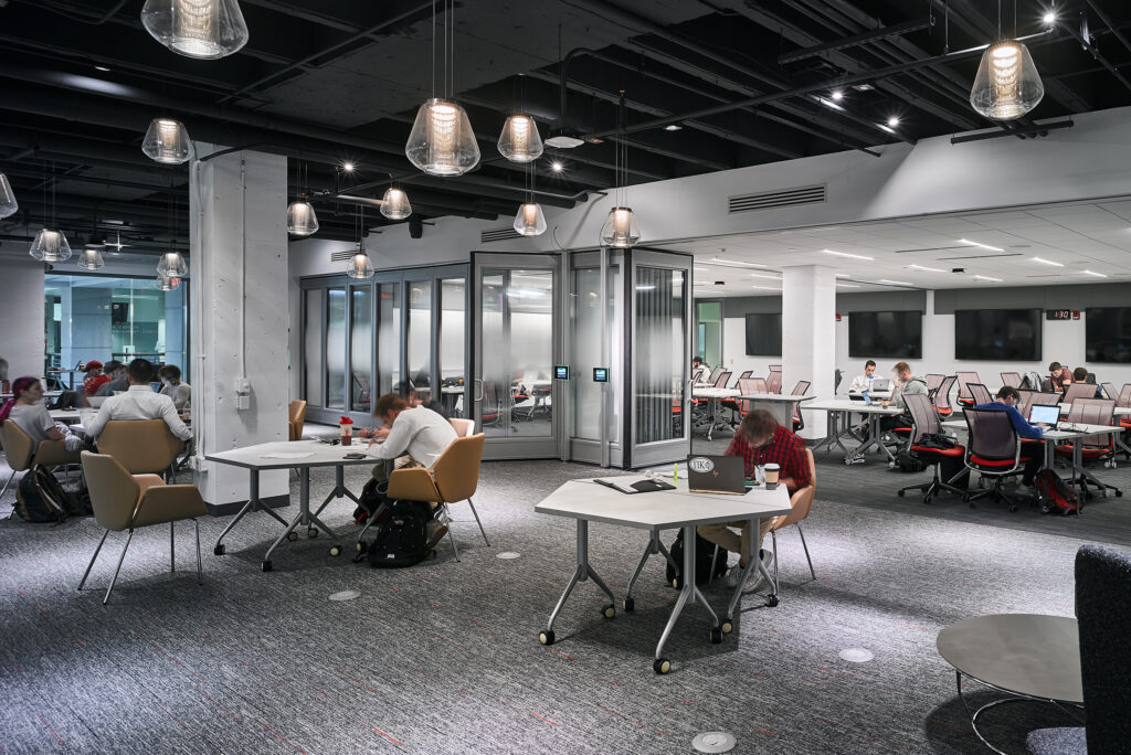 Students studying in the Active Learning Classroom