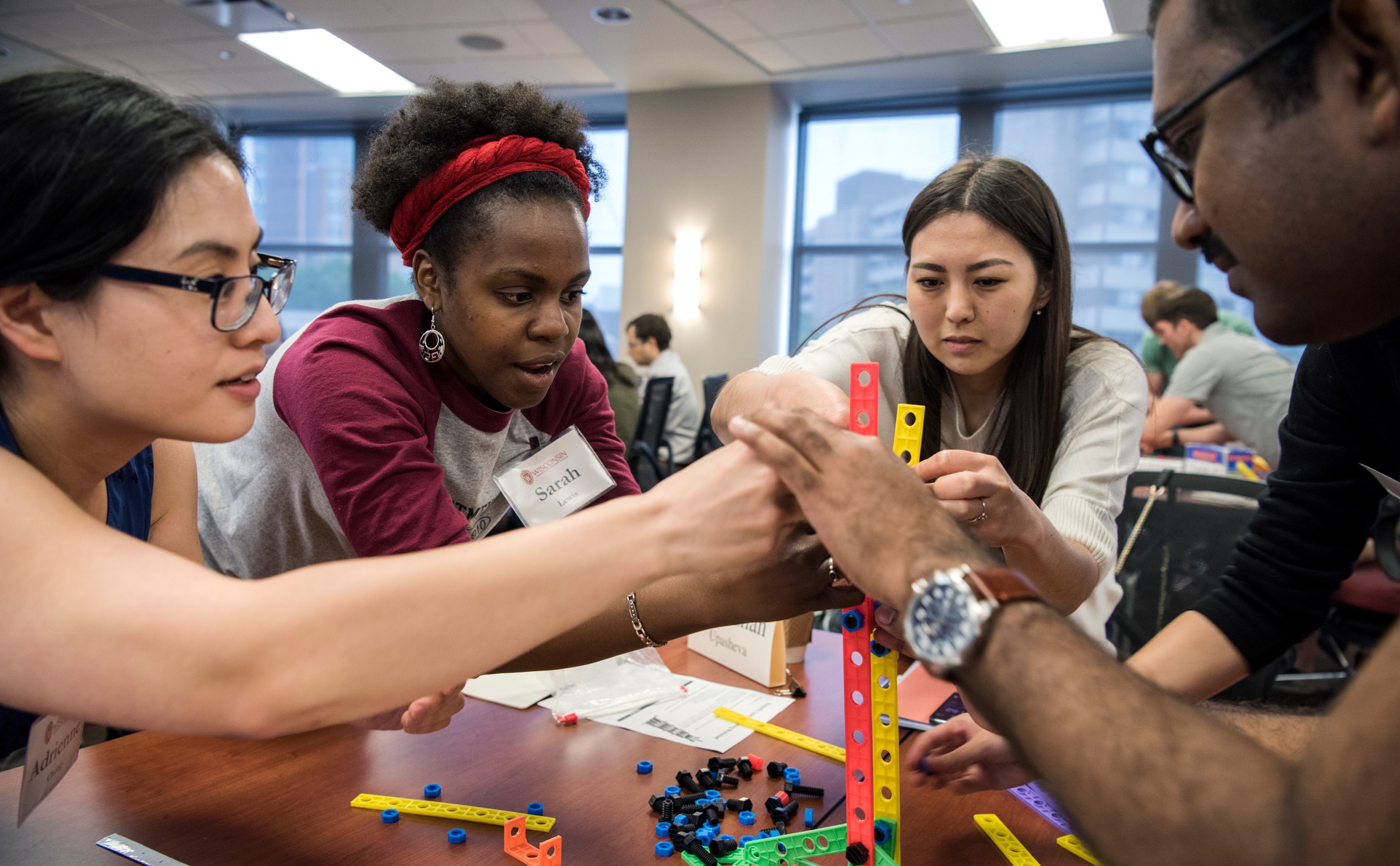 Students working on a group building project