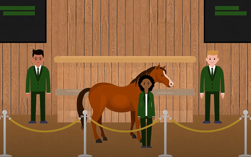 Cartoon image of three people wearing green jackets with a horse standing behind the middle person