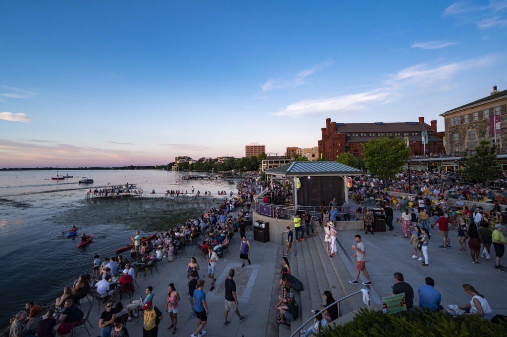 People enjoy an evening at a Madison Jazz Festival event at the Memorial Union Terrace at the University of Wisconsin-Madison