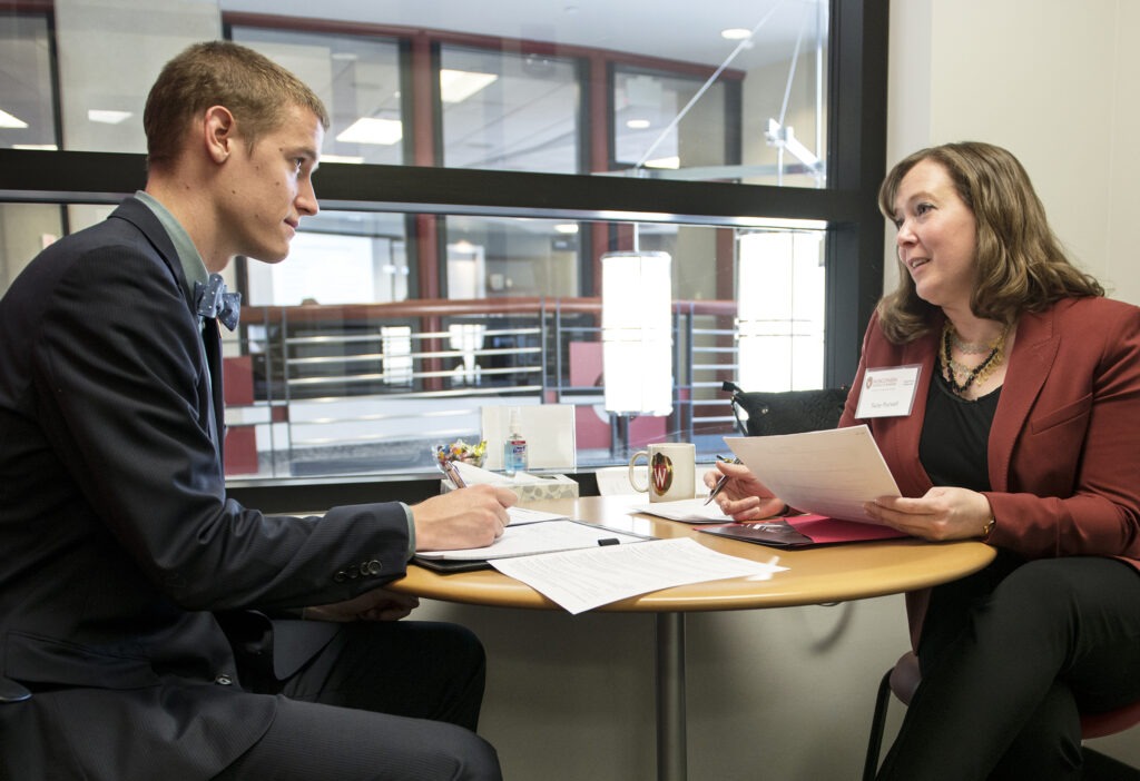 an MBA student participating in a mock interview