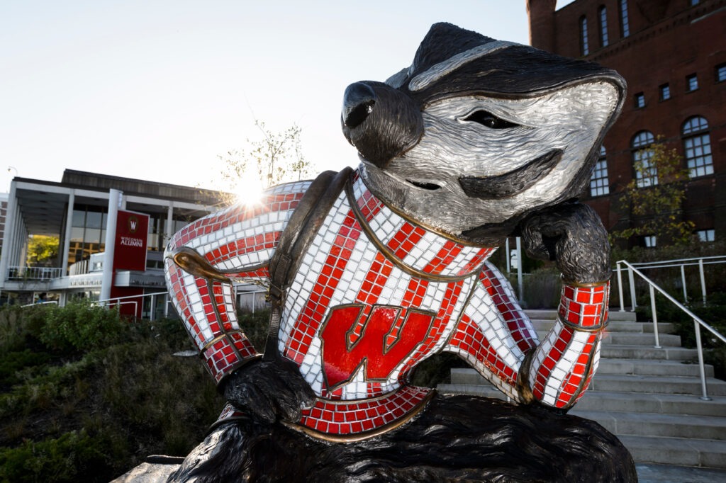 "Well Red," a sculpture by artist Douwe Blumberg of a studious-looking UW-Madison mascot Bucky Badger sitting atop a pile of books