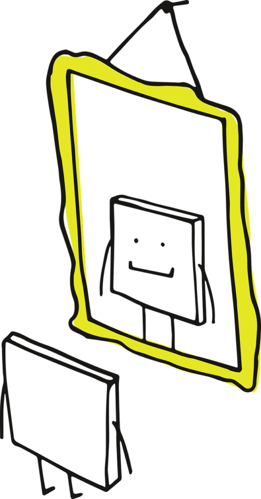 Cartoon person looking at self in the mirror