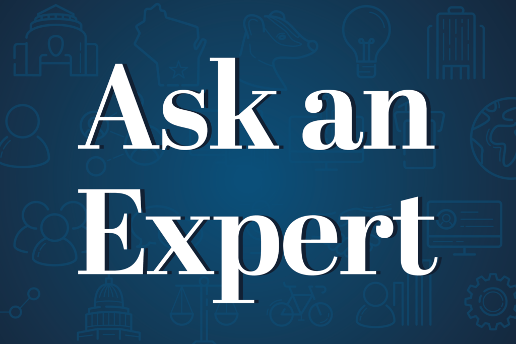 Ask an Expert lettering over blue background