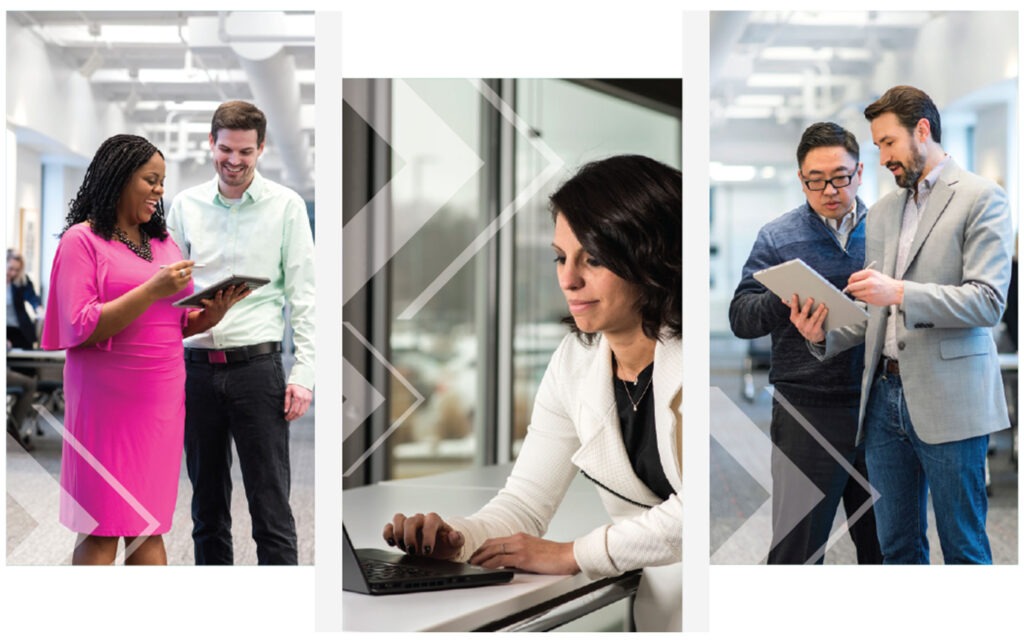 Collage of various people talking to each other and working on a computer