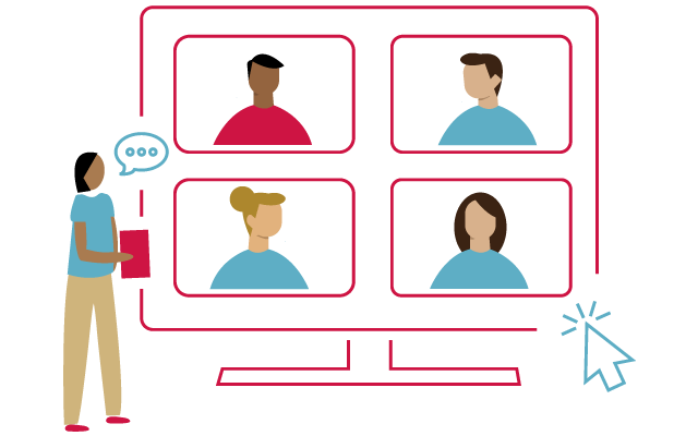 Graphic depicting an academic advisor speaking with students virtually