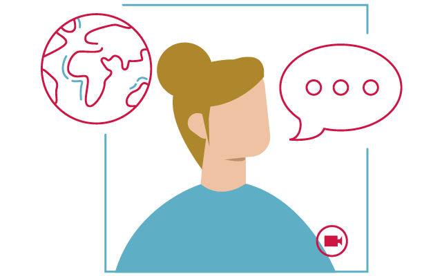 Graphic of a person with a globe and chat icon