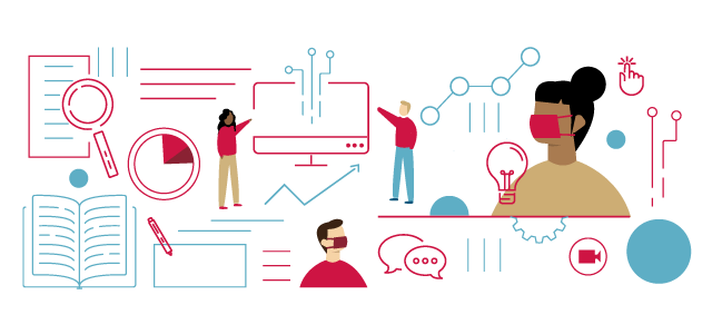 Graphic of people analyzing graphs, books and a desktop