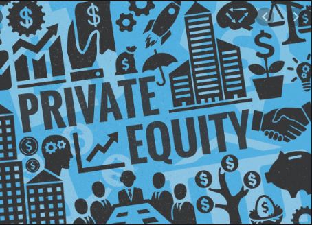 Private equity with money icons surrounding the words