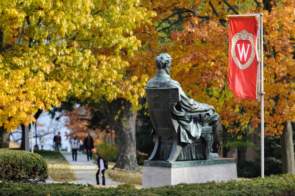 The Abraham Lincoln on Bascom Hill at the University of Wisconsin-Madison as the tree foliage continues to change colors during autumn.