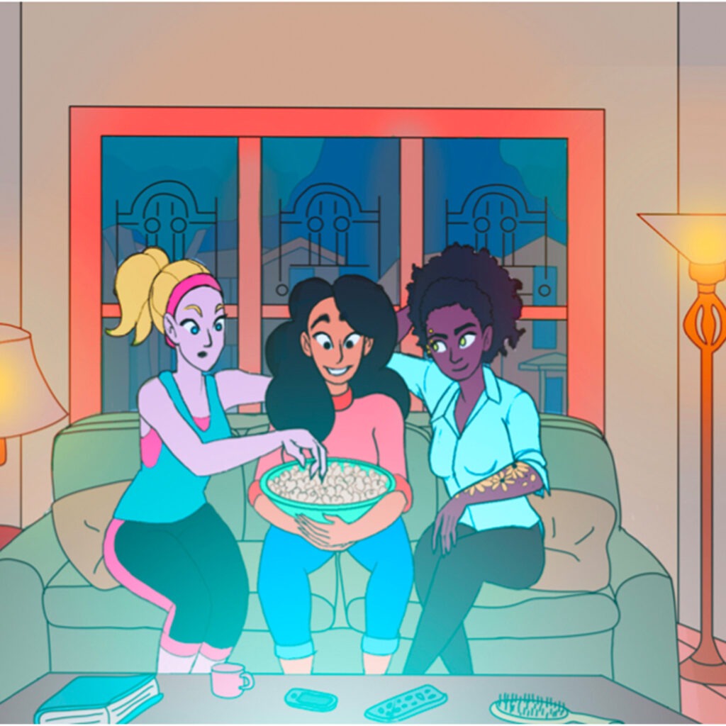 Illustration of three women eating popcorn on a couch