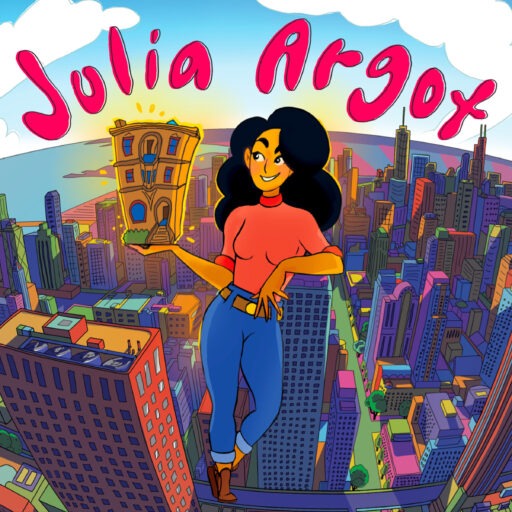 Illustration of Julia Argot in front of buildings