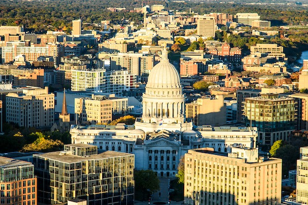 aerial photo of Wisconsin's capital. UW-Madison in background