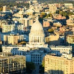 aerial photo of Wisconsin's capital. UW-Madison in background